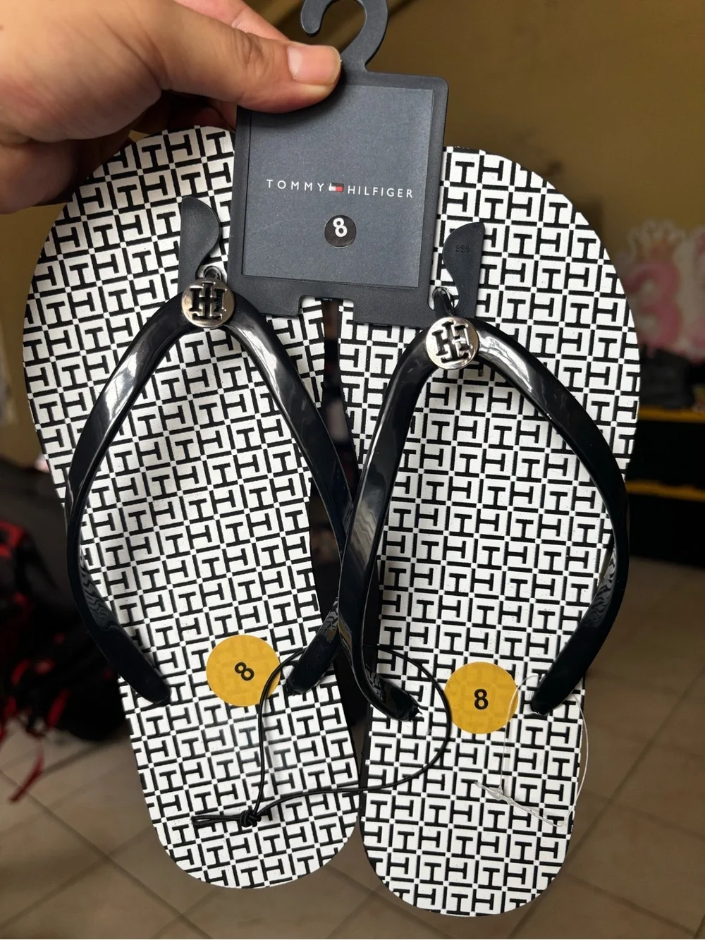 Tommy Hilfiger Black & White Logo T-strap Flip Flops
